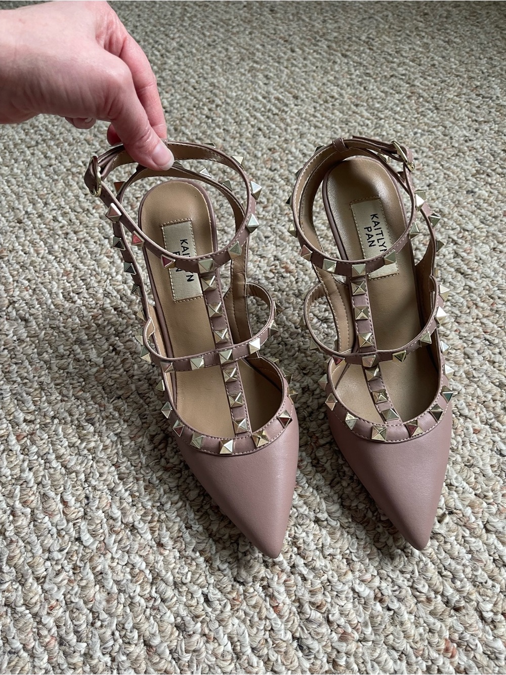 New Kaitlyn Pan Taupe Stud-Trim Pointed Toe Strappy Heels 37 6.5